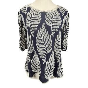 Solitaire Navy Blue Leaf Print Scalloped Trim Blouse‎ Top Elegant Medium